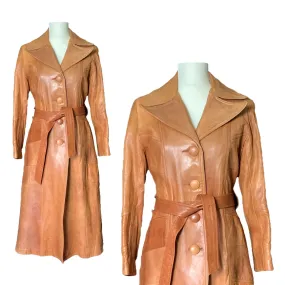 1960s Brown Leather Trench Coat by Altman of Dallas. Bohemian Southwestern Style.