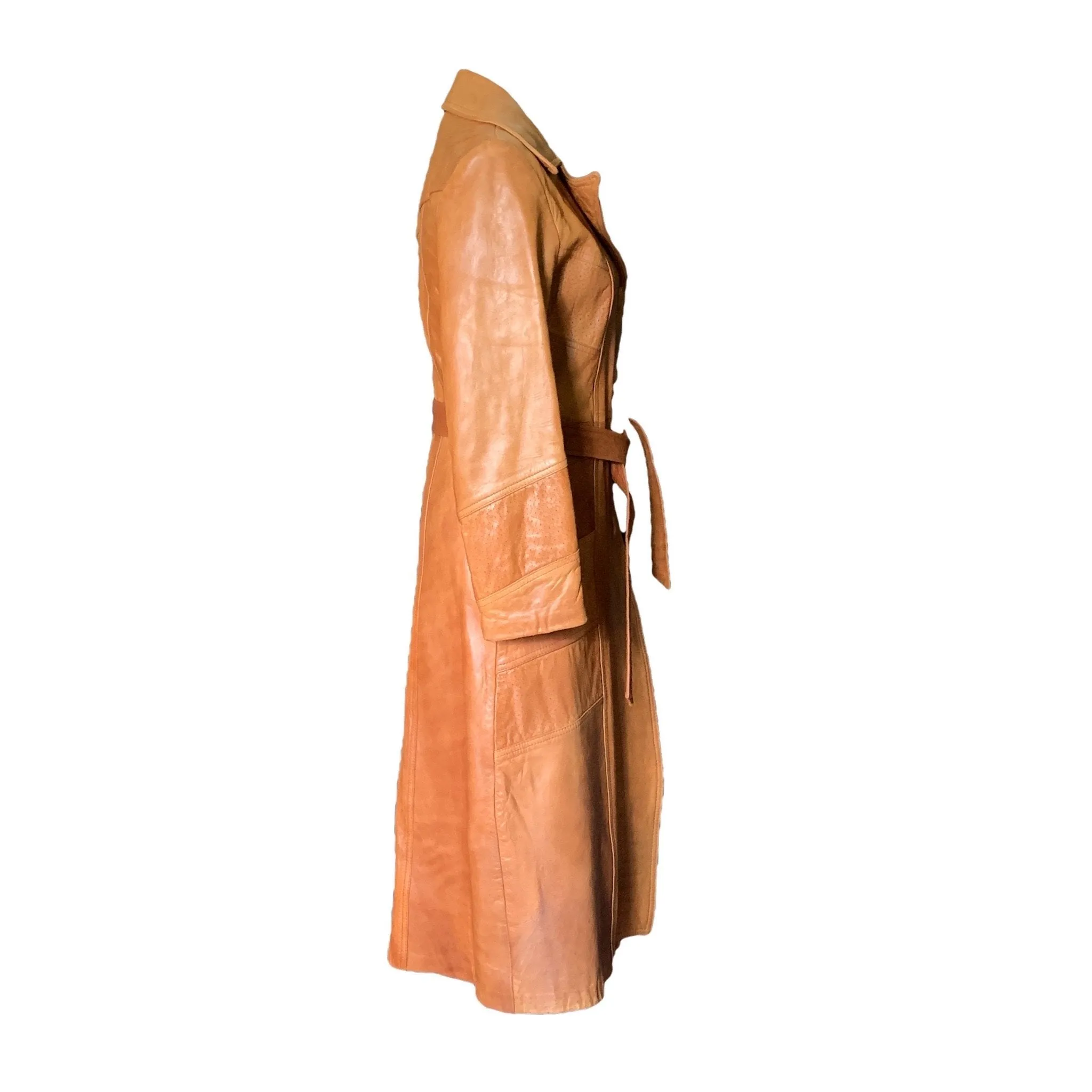 1960s Brown Leather Trench Coat by Altman of Dallas. Bohemian Southwestern Style.