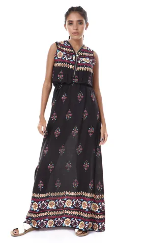 57625 Casual Patterned Sleeveless Black Maxi Dress