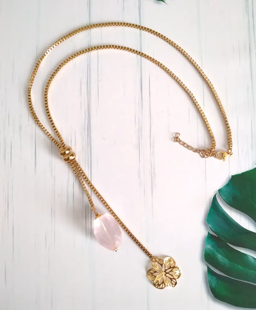 Abstract Gumamela with Rose Quartz Nugget Slider Necklace