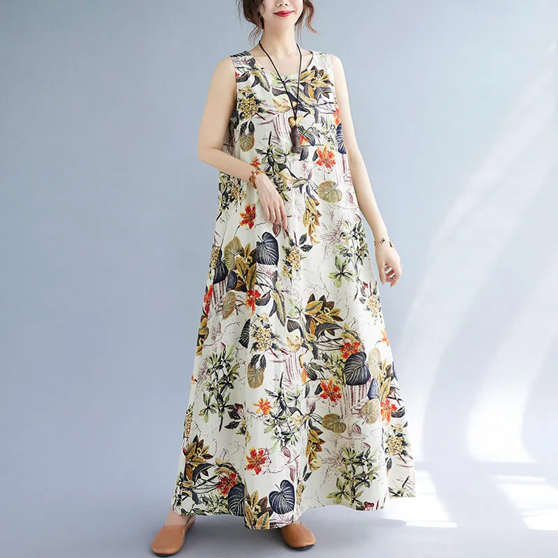 Babakud Plus Size - Summer Floral Printed Cotton Sleeveless Pinafore Dress