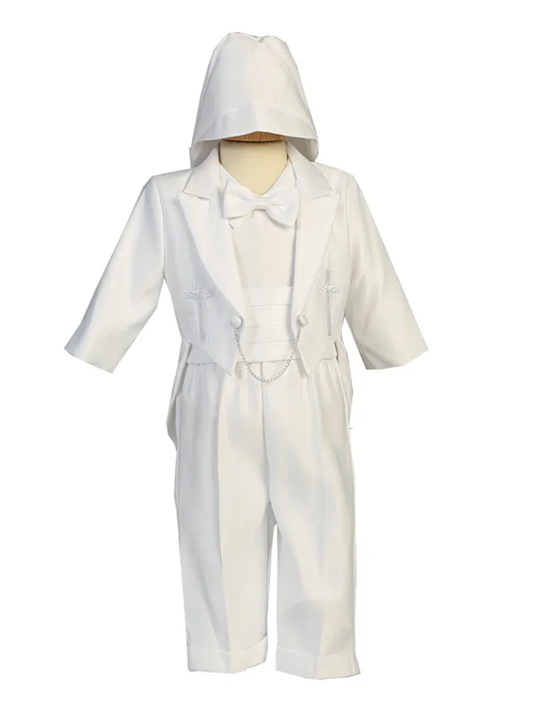 Baby Boys White Embroidered Cross Round Tail Satin Tuxedo Suit 3-24M