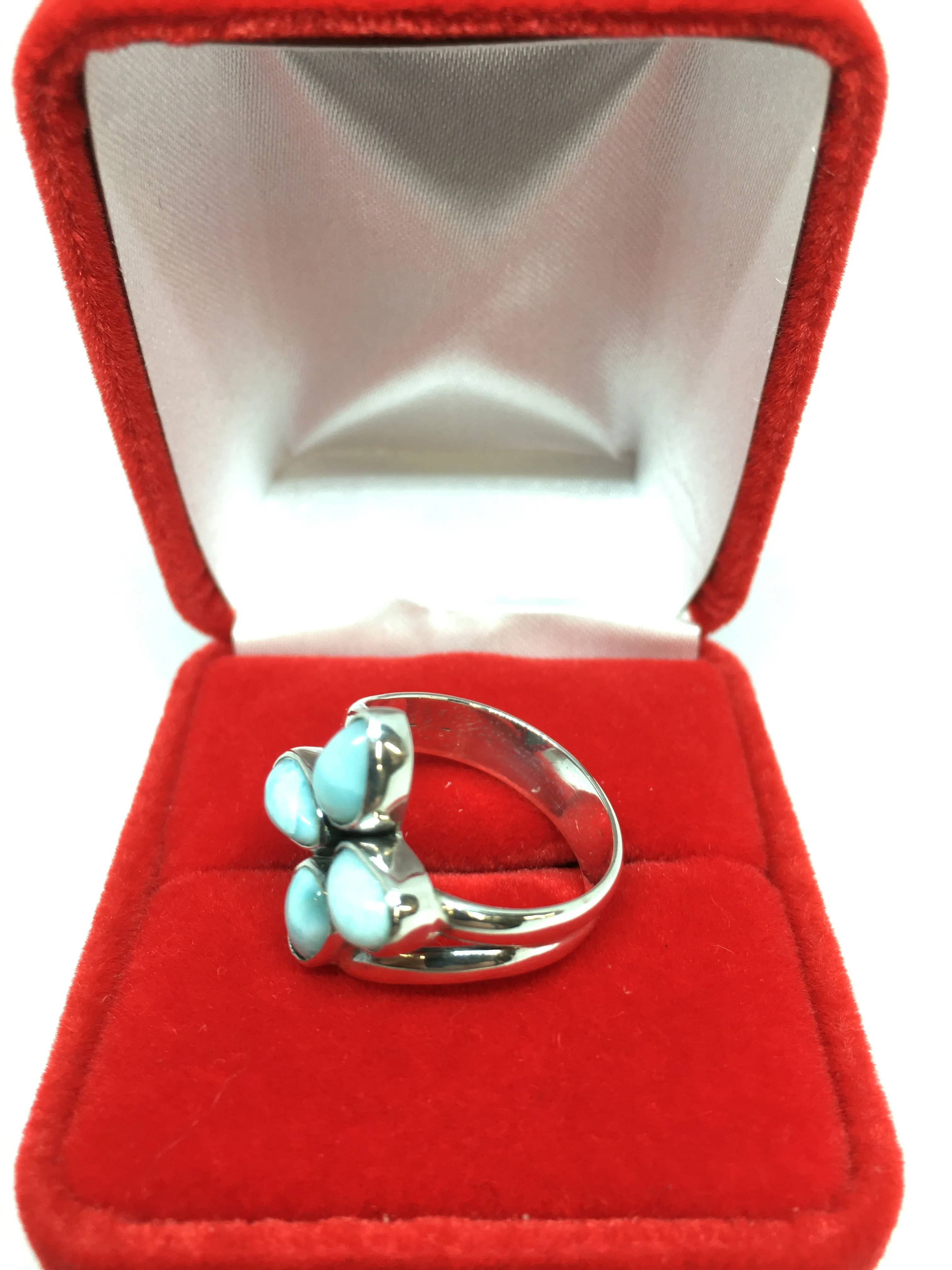 Beautiful Four Leaves Flower Design Natural Larimar Gemstone Ring with 925 Sterling Silver