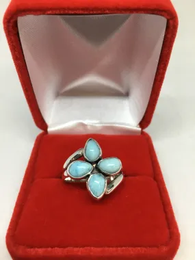 Beautiful Four Leaves Flower Design Natural Larimar Gemstone Ring with 925 Sterling Silver