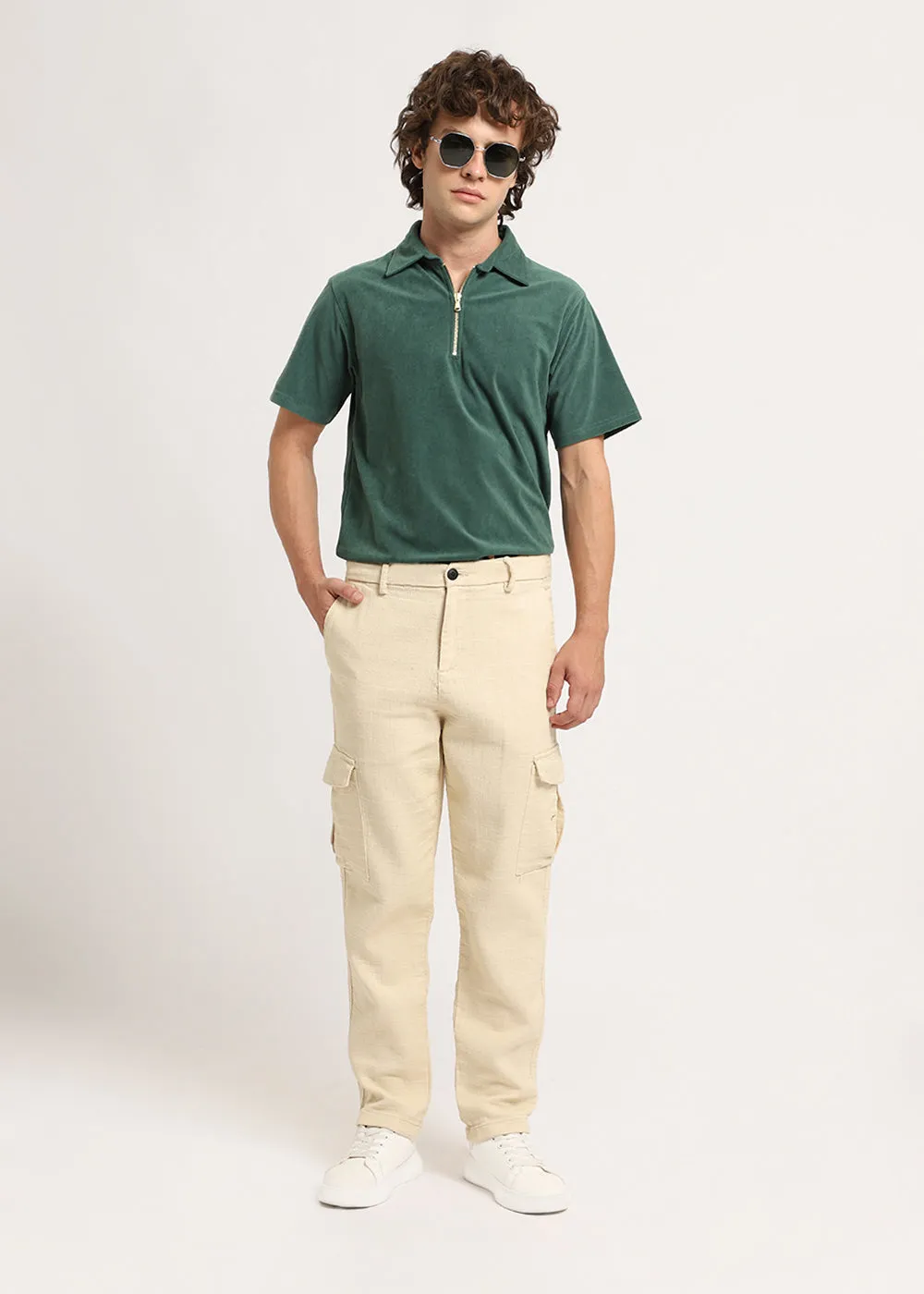 Beige Linen Cargo Pants