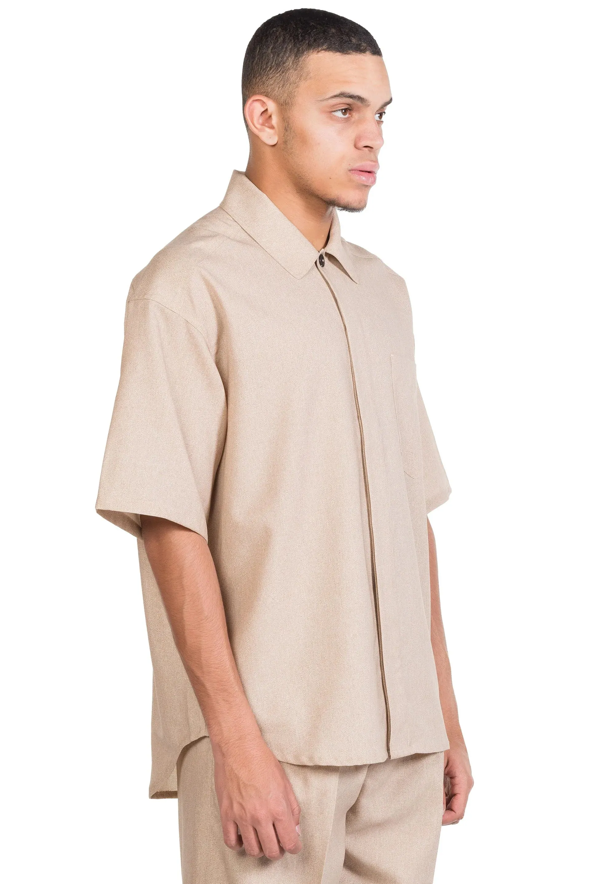 Beige Printed Wool Short Sleeve Shirt