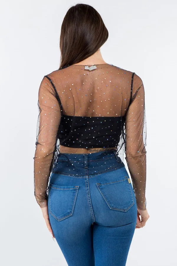 Black Sheer Mesh Top with Rhinestones | FINAL SALE