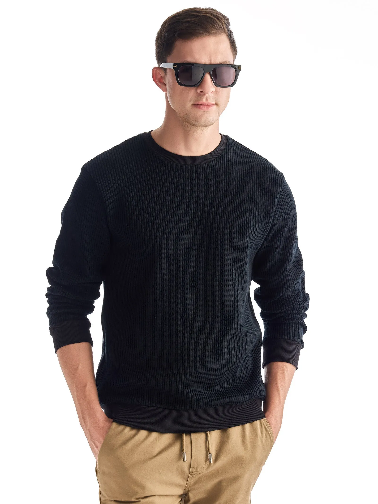 Black Solid Knit Sweatshirt