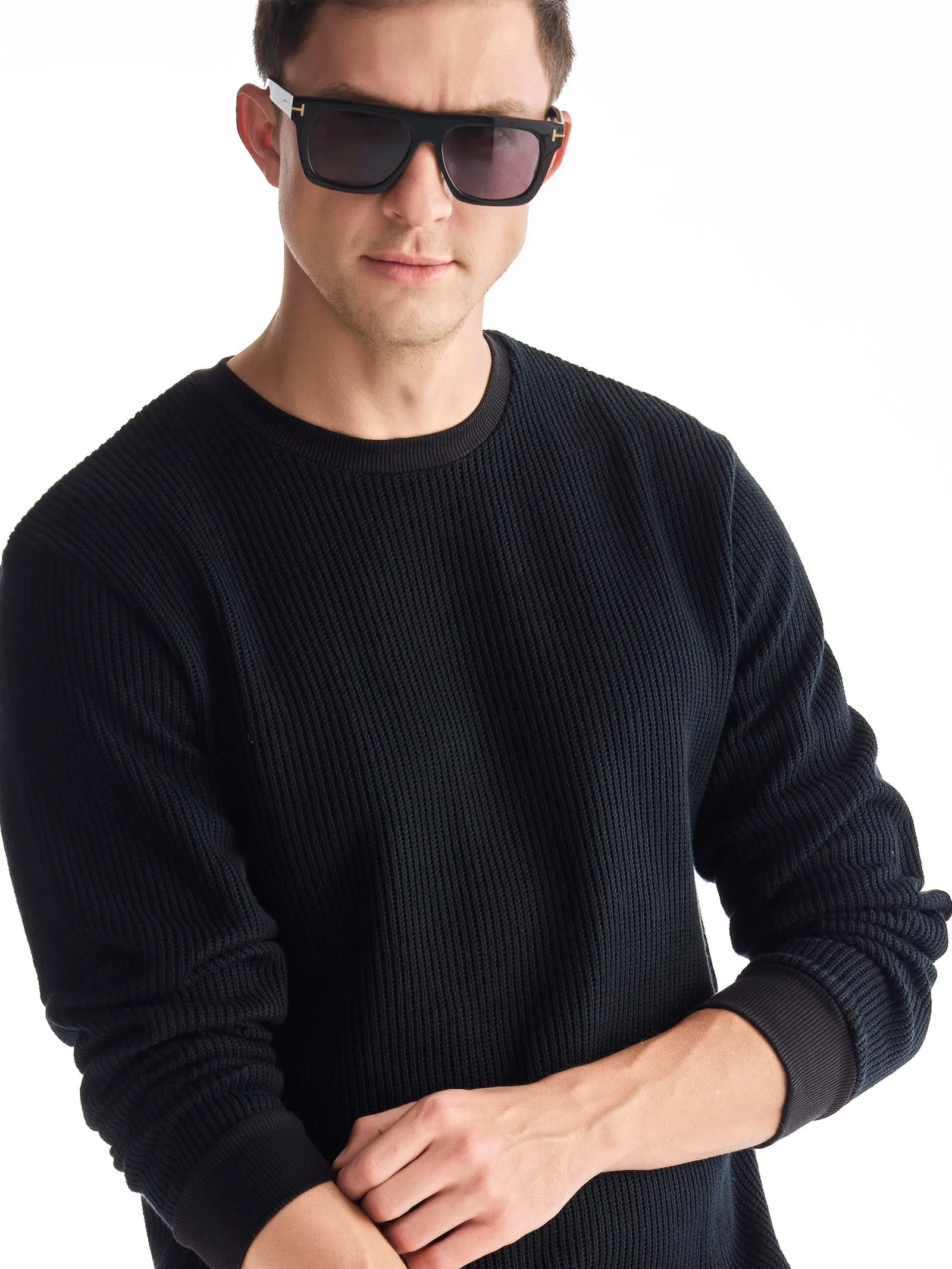 Black Solid Knit Sweatshirt