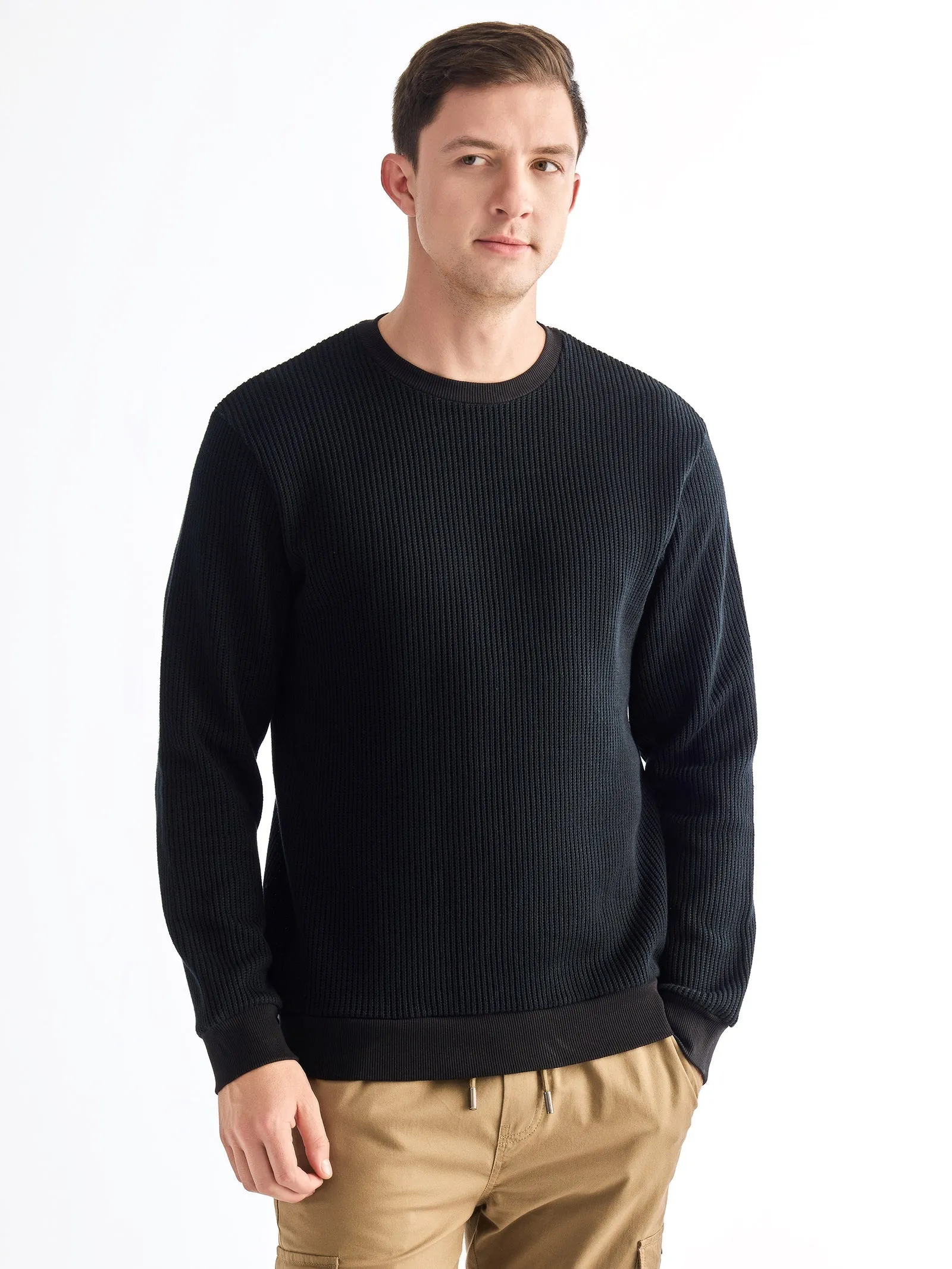 Black Solid Knit Sweatshirt