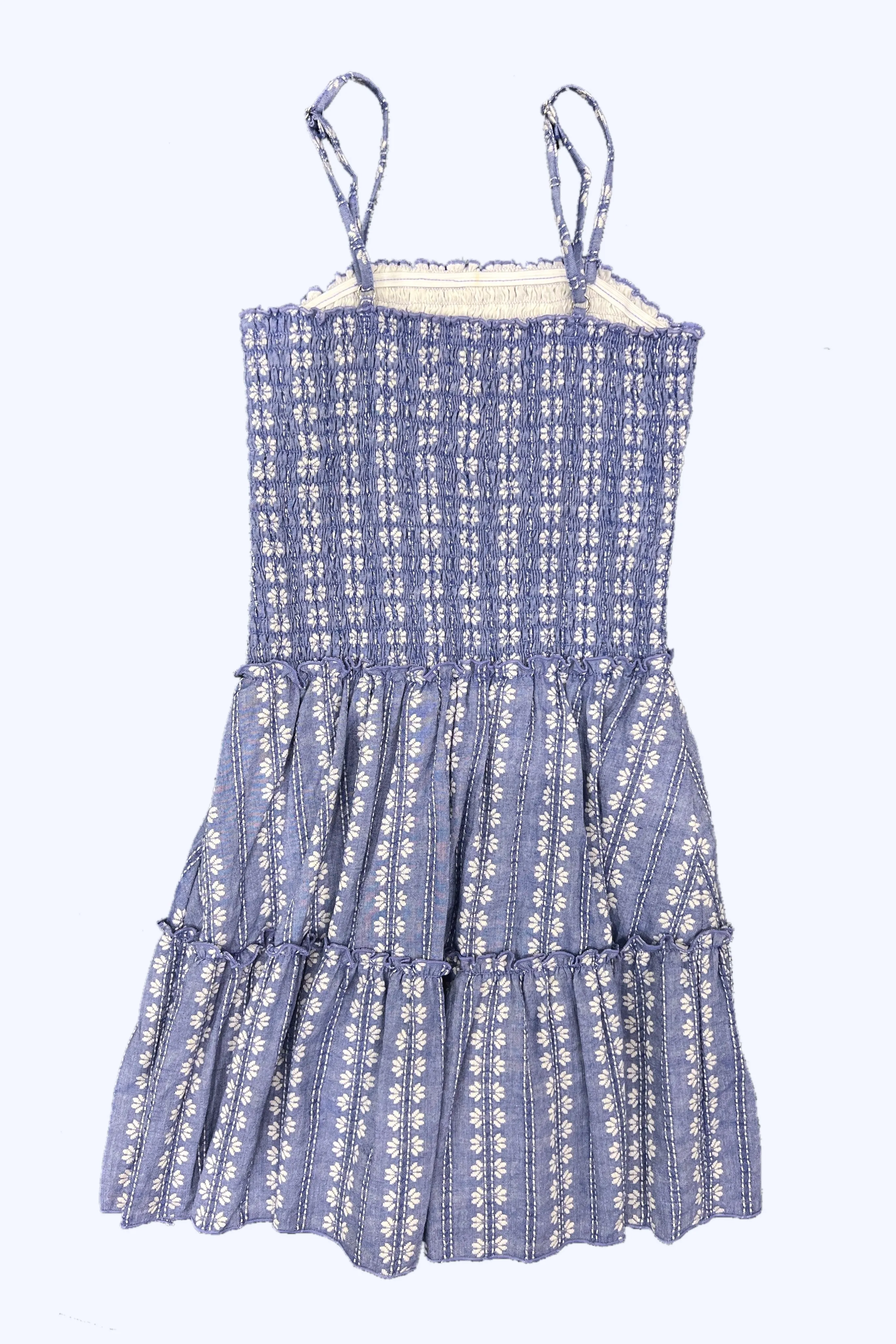 Blue Ivory Eyelet Smocked Bodice Flowy Dress