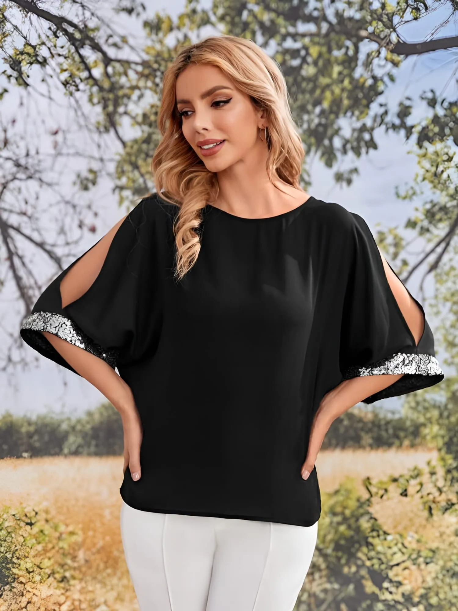 Blusa Donna Girocollo Paillettes Cut Out Casual Elegante Comoda