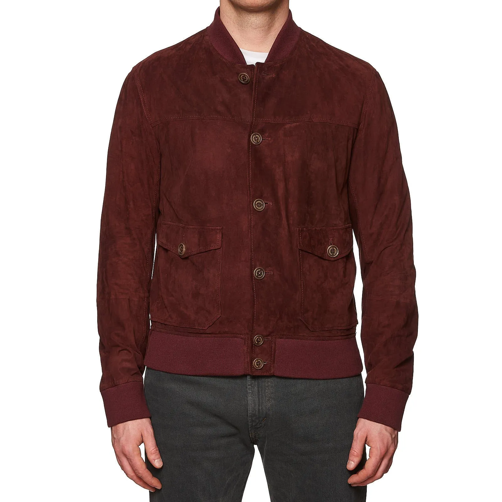 BRUNELLO CUCINELLI Burgundy Suede Leather Unlined Flight Bomber Jacket Size L