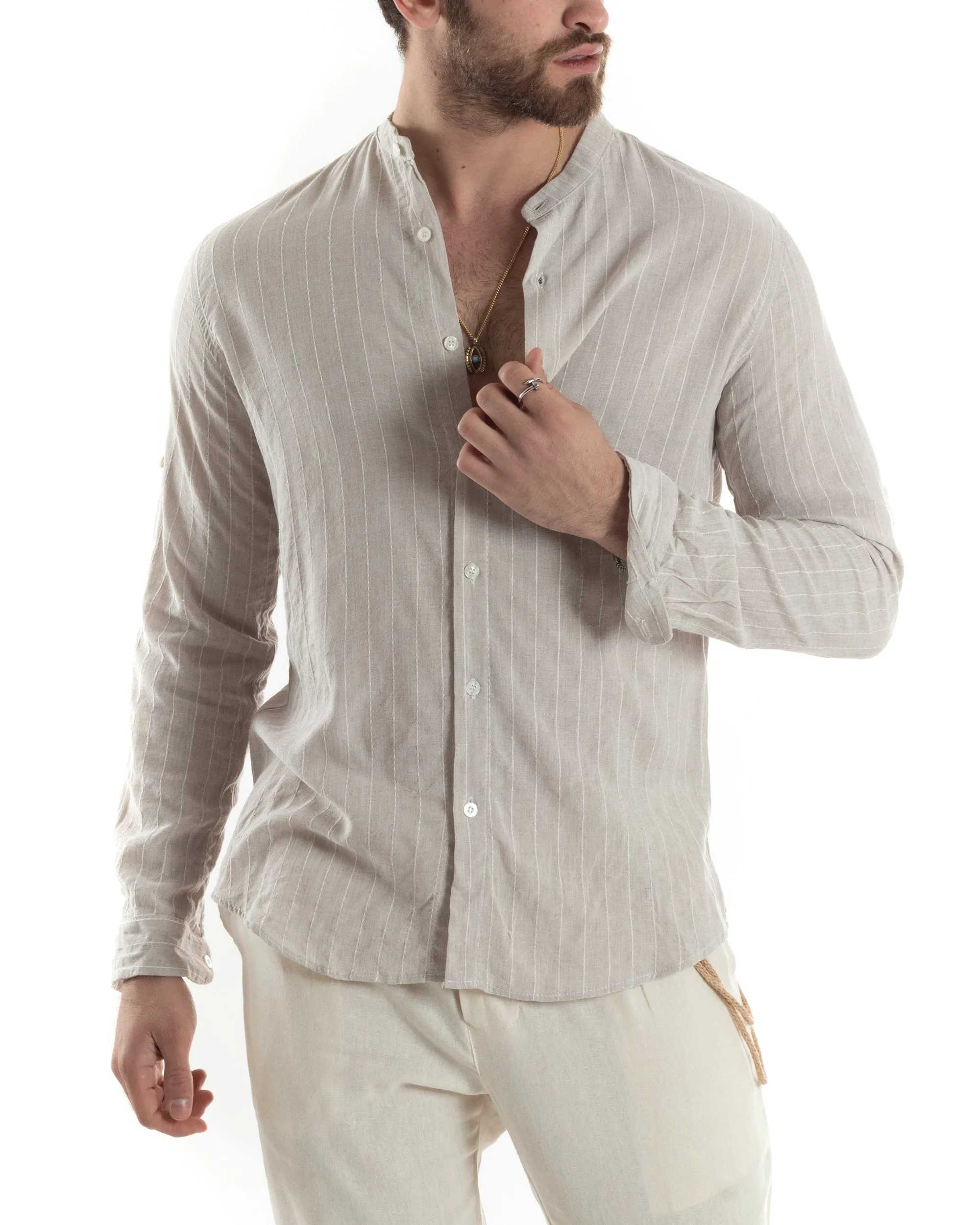 Camicia Uomo Collo Coreano Manica Lunga Lino Cotone Rigata Beige GIOSAL-C2829A