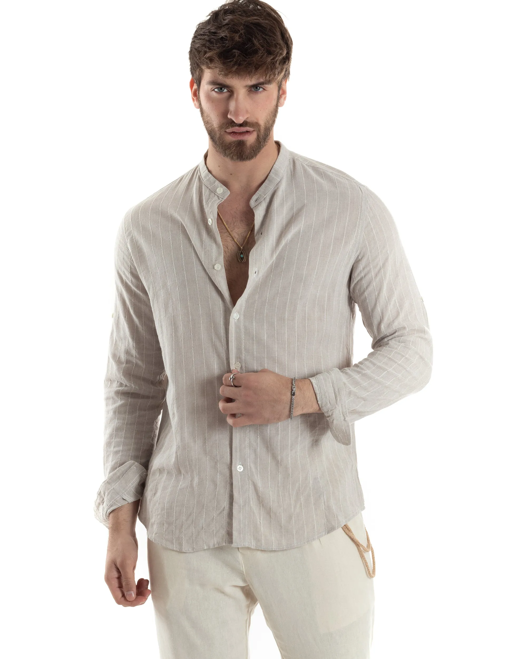 Camicia Uomo Collo Coreano Manica Lunga Lino Cotone Rigata Beige GIOSAL-C2829A