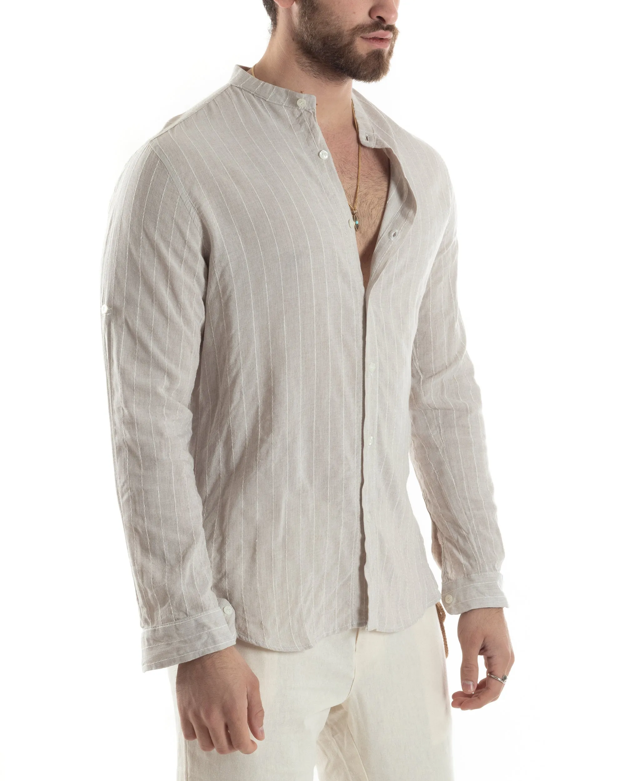 Camicia Uomo Collo Coreano Manica Lunga Lino Cotone Rigata Beige GIOSAL-C2829A