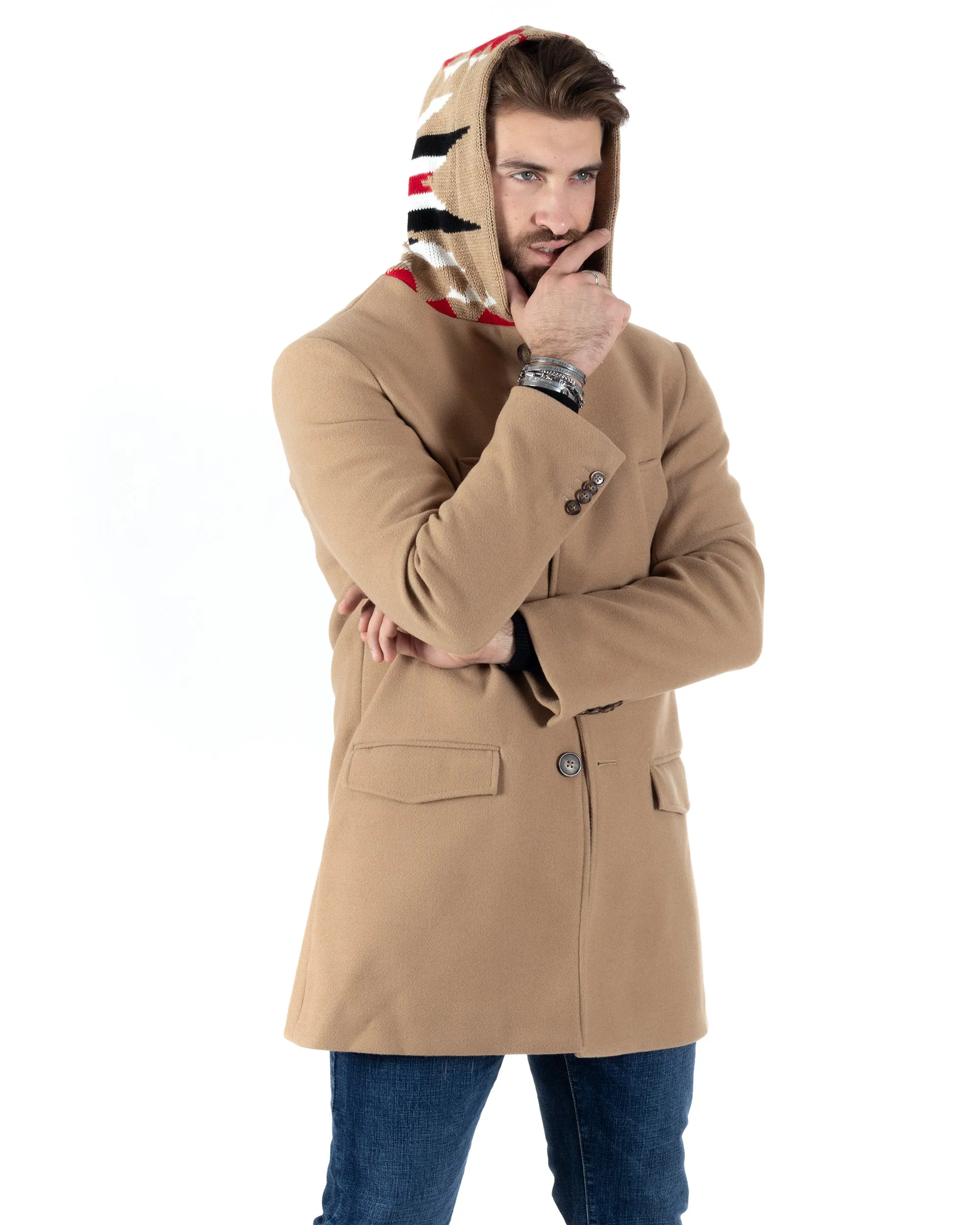 Cappotto Monopetto Uomo Giacca Giaccone Con Cappuccio In Lana Camel Baronetto Elegante GIOSAL-CO1030A