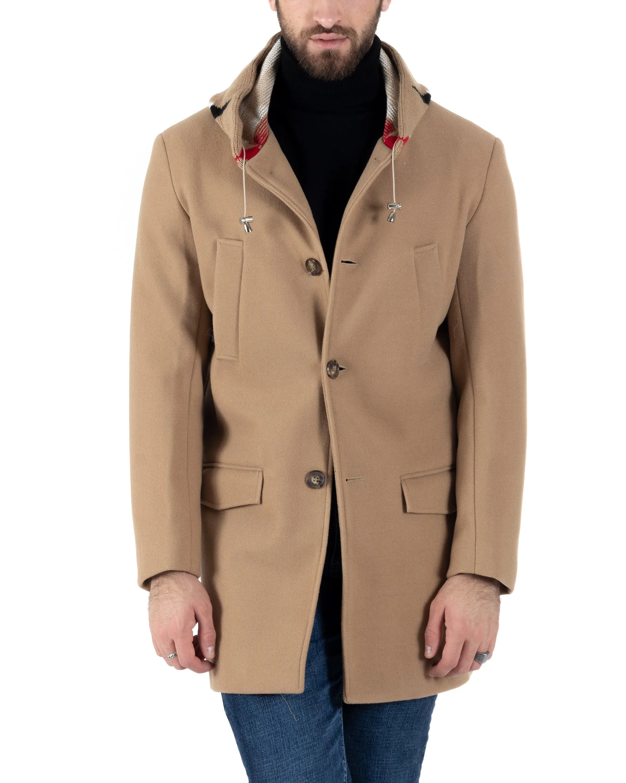 Cappotto Monopetto Uomo Giacca Giaccone Con Cappuccio In Lana Camel Baronetto Elegante GIOSAL-CO1030A