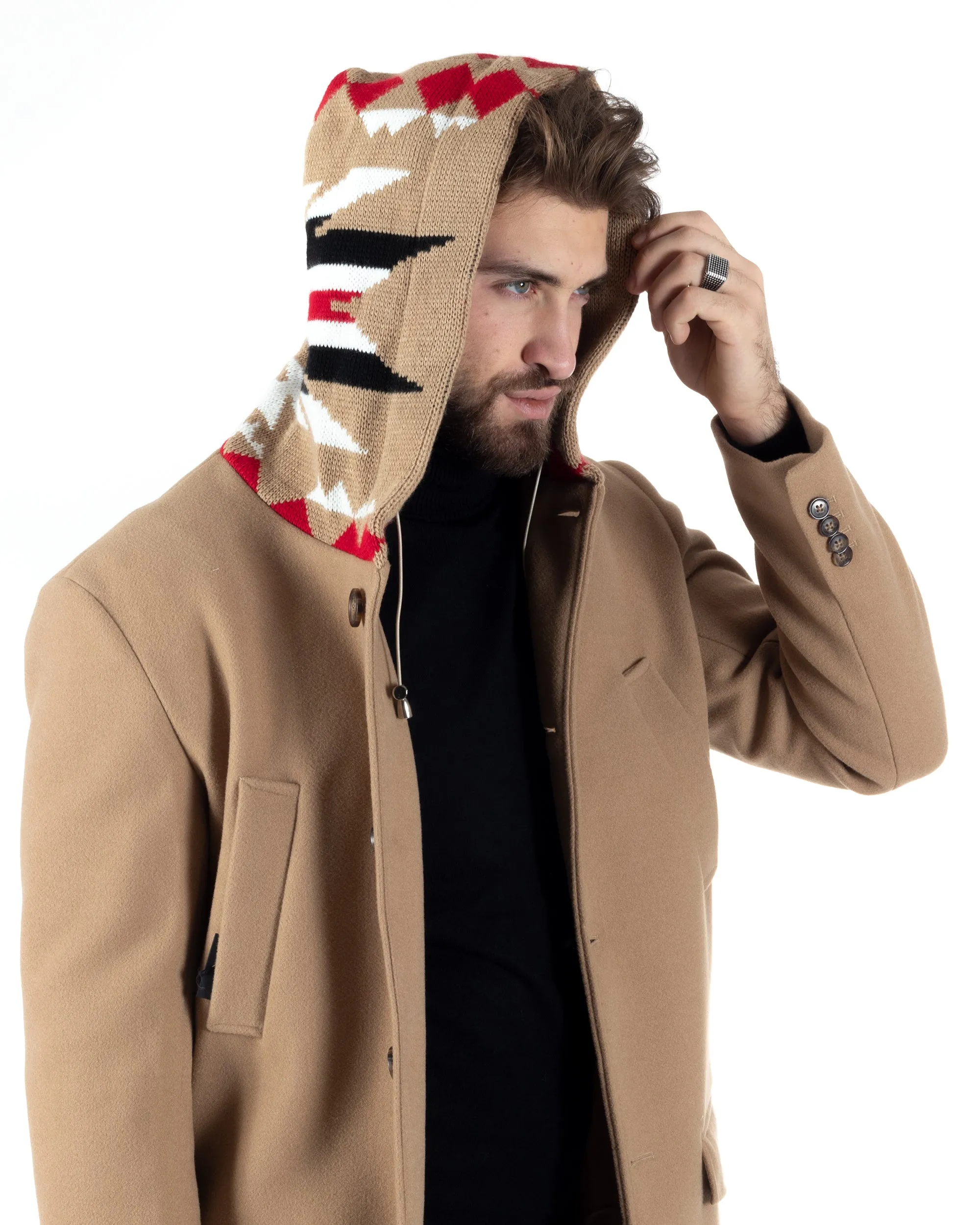 Cappotto Monopetto Uomo Giacca Giaccone Con Cappuccio In Lana Camel Baronetto Elegante GIOSAL-CO1030A