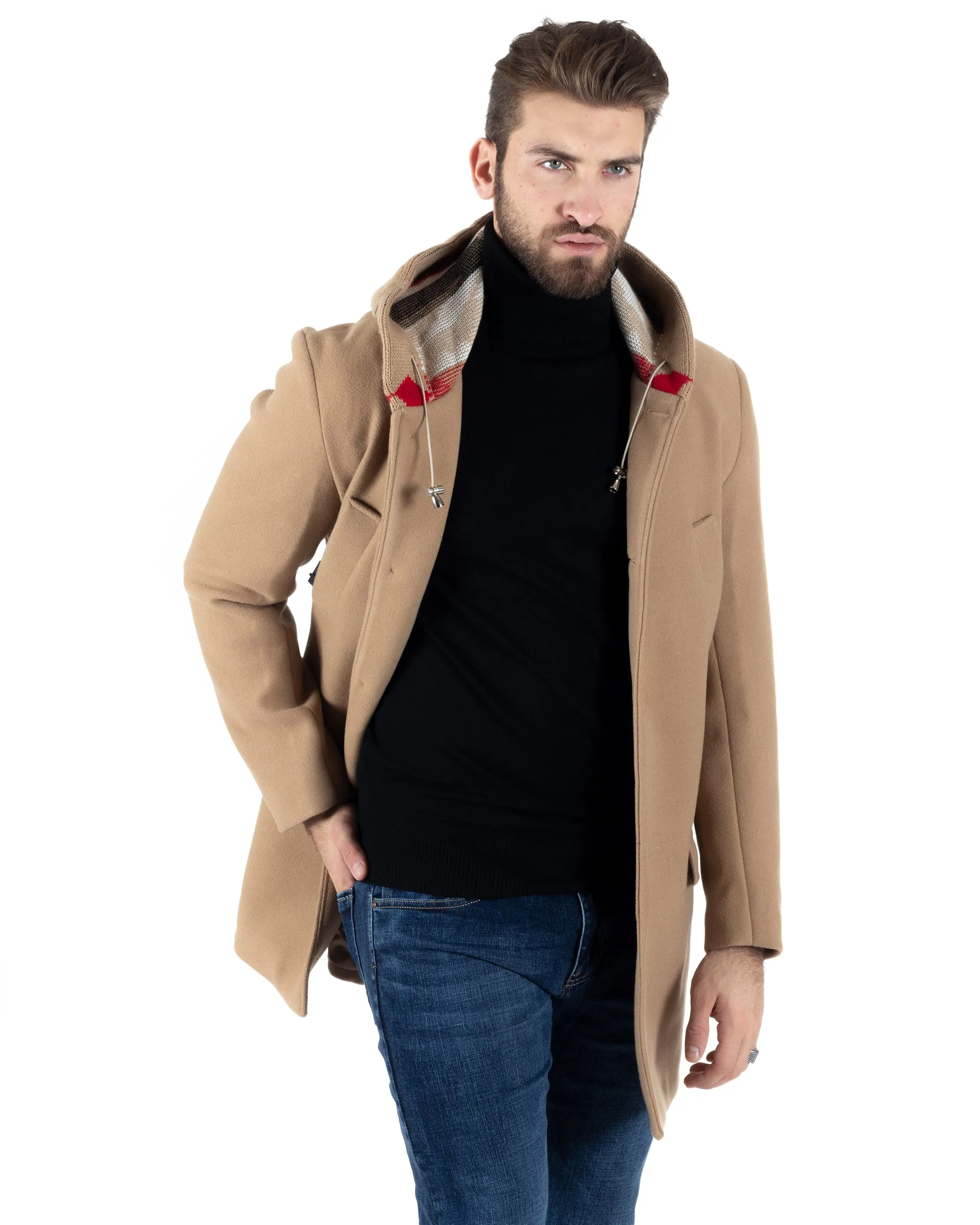 Cappotto Monopetto Uomo Giacca Giaccone Con Cappuccio In Lana Camel Baronetto Elegante GIOSAL-CO1030A