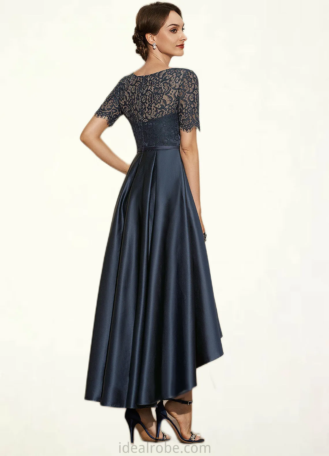 Carly A-Line Scoop Neck Asymmetrical Satin Lace Mother of the Bride Dress With Pockets STK126P0014613