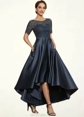 Carly A-Line Scoop Neck Asymmetrical Satin Lace Mother of the Bride Dress With Pockets STK126P0014613