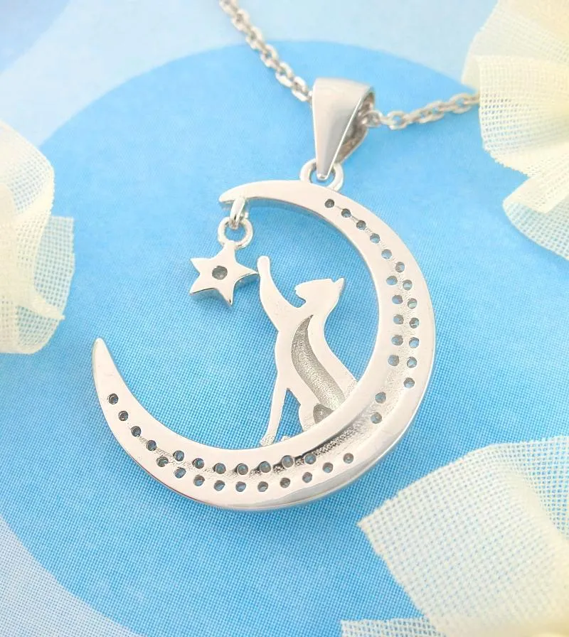 Cat Reaching for a Star on a Crescent Moon Pendant