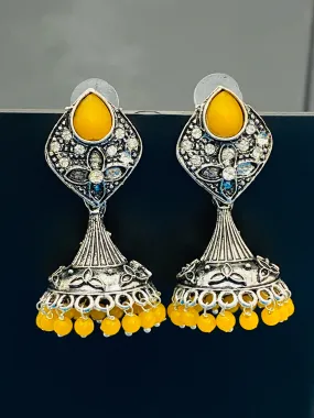 Elegant Yellow Color Stone Beaded Flower Designer Silver Toned Oxidized Jhumka Earrings With Beads