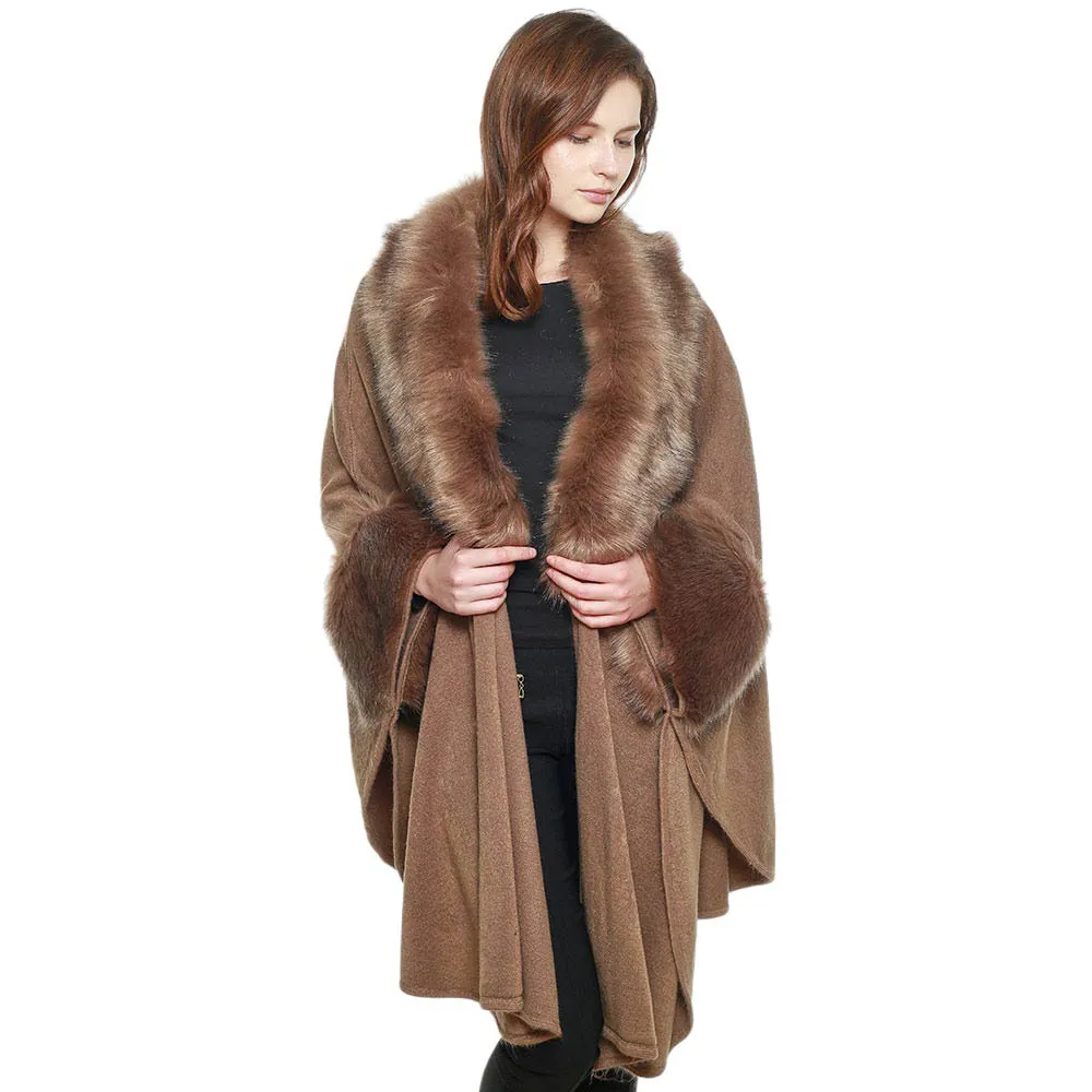 Faux Fur Trim Shawl Poncho