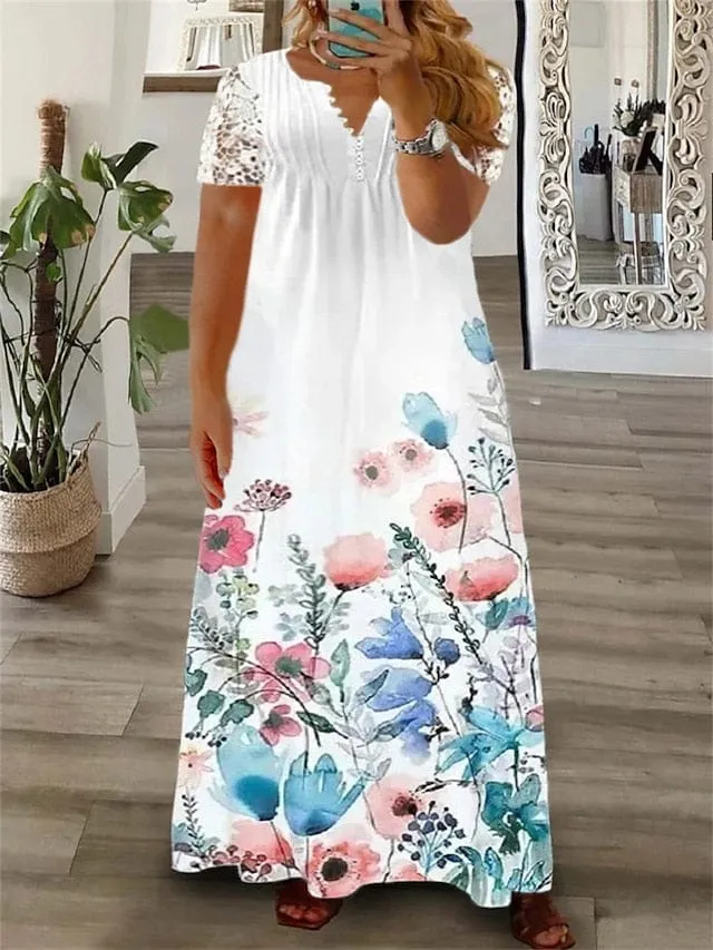 Floral Butterfly Print Plus Size Maxi Dress with Long Sleeves