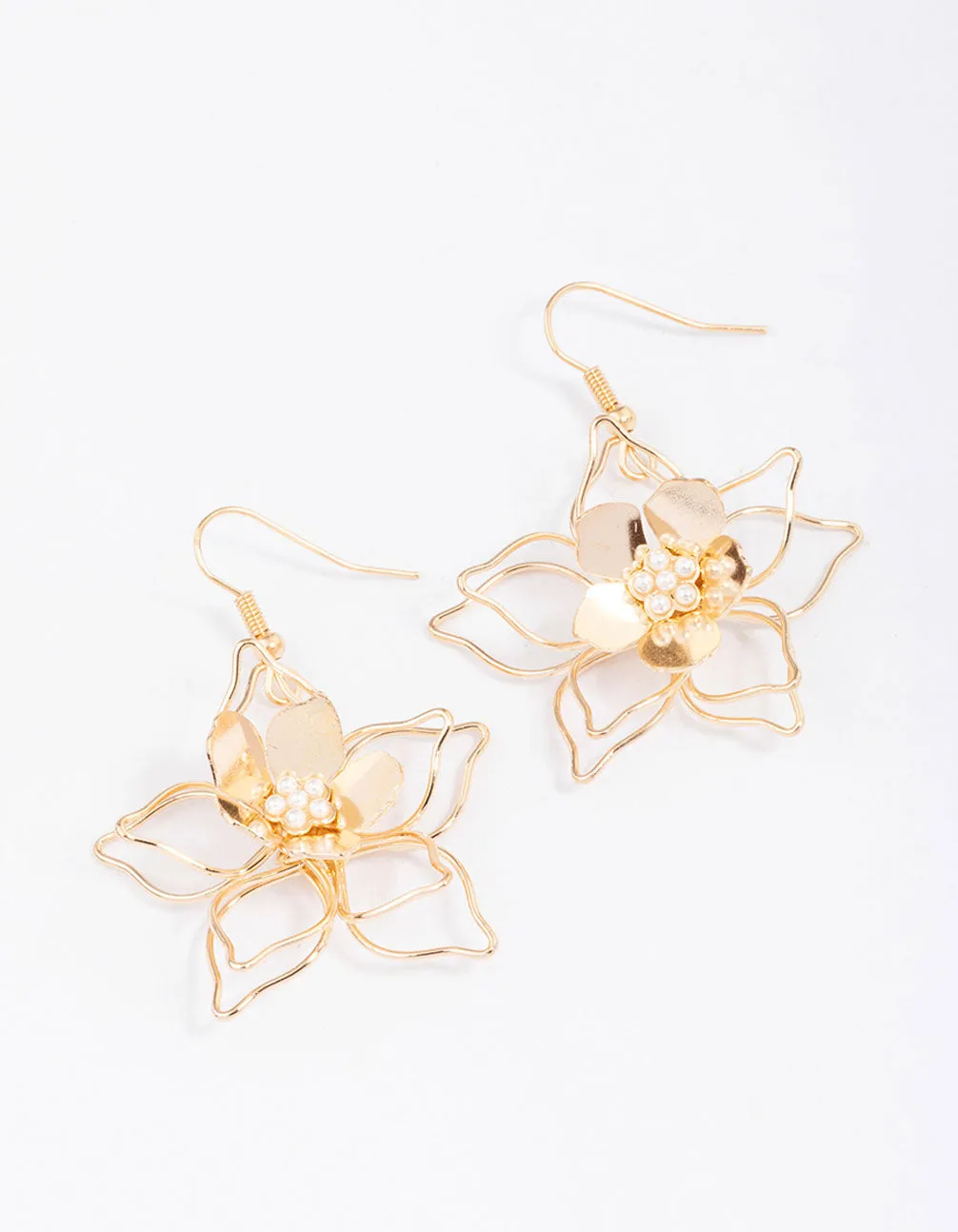 Gold Wire Pearl Flower Drop Earrings