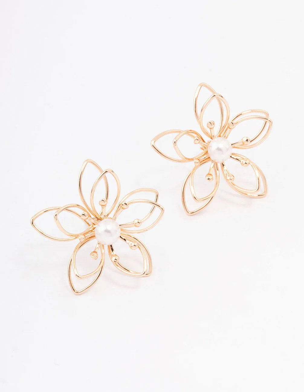 Gold Wire Pearl Flower Stud Earrings