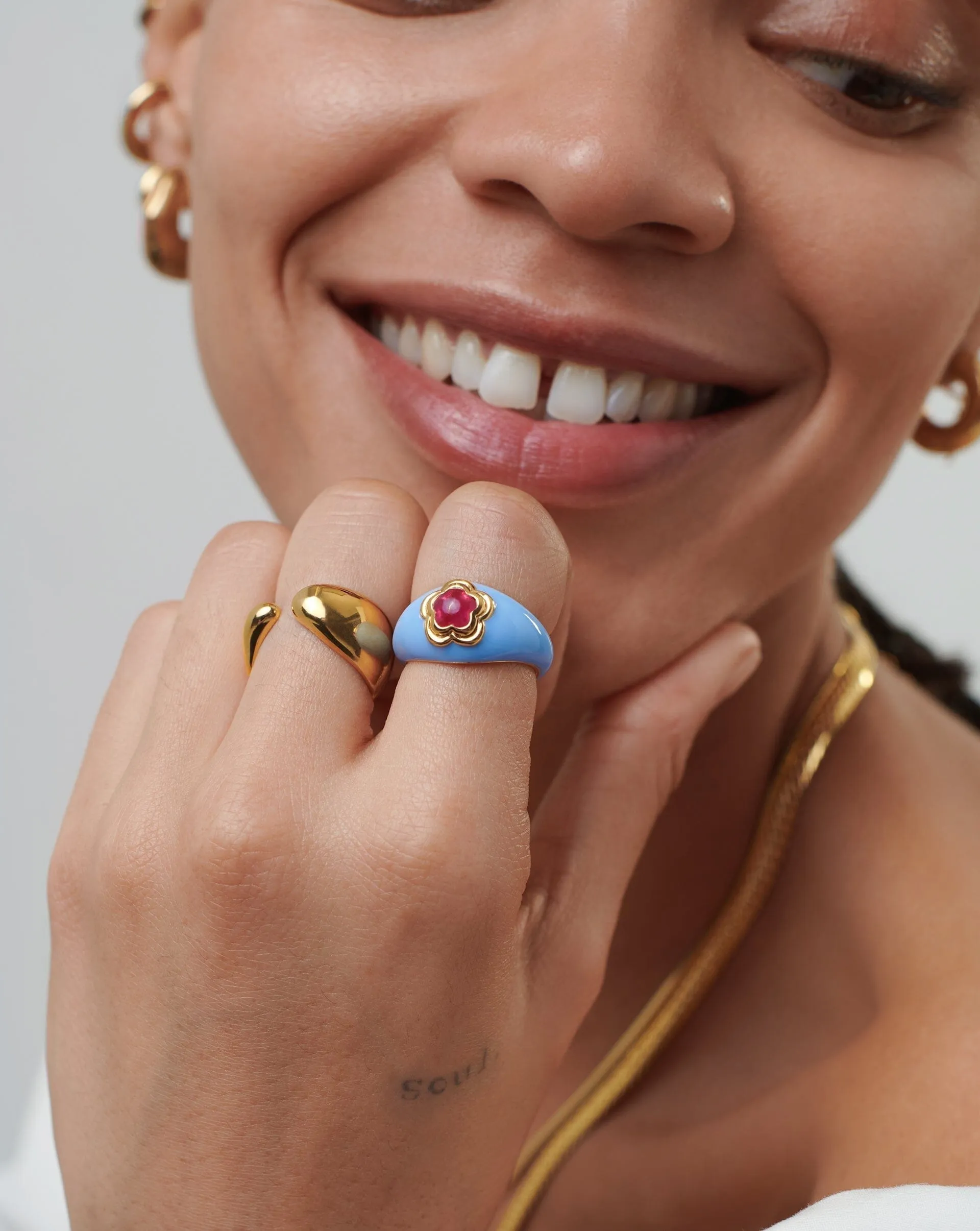 Good Vibes Enamel Flower Gemstone Ring | 18ct Gold Plated/Blue