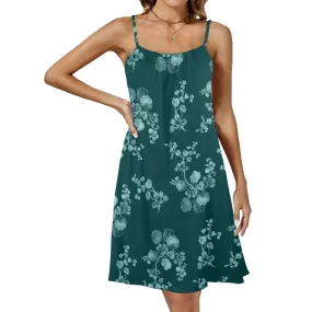 green mono floral print Drawstring Neck Sleeveless Dress (Model D68)