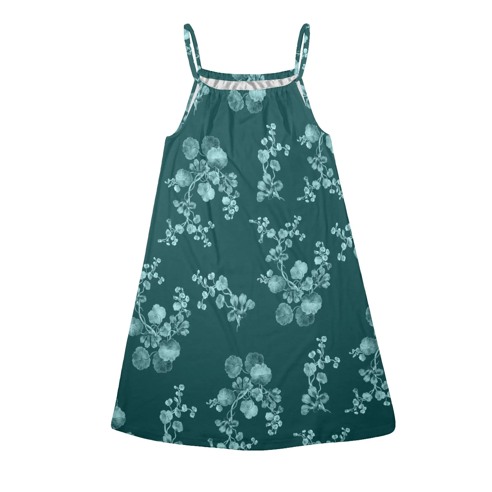 green mono floral print Drawstring Neck Sleeveless Dress (Model D68)