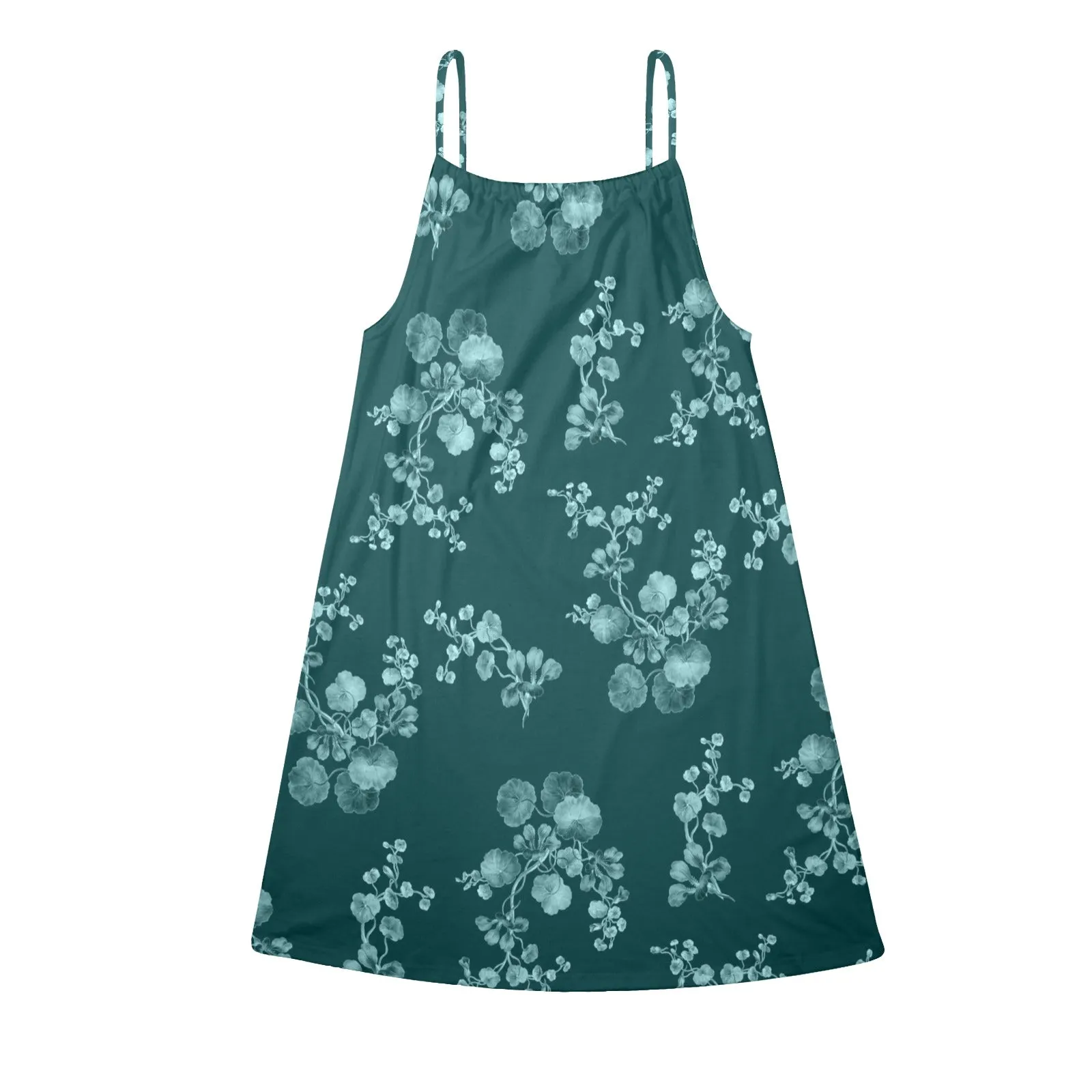 green mono floral print Drawstring Neck Sleeveless Dress (Model D68)