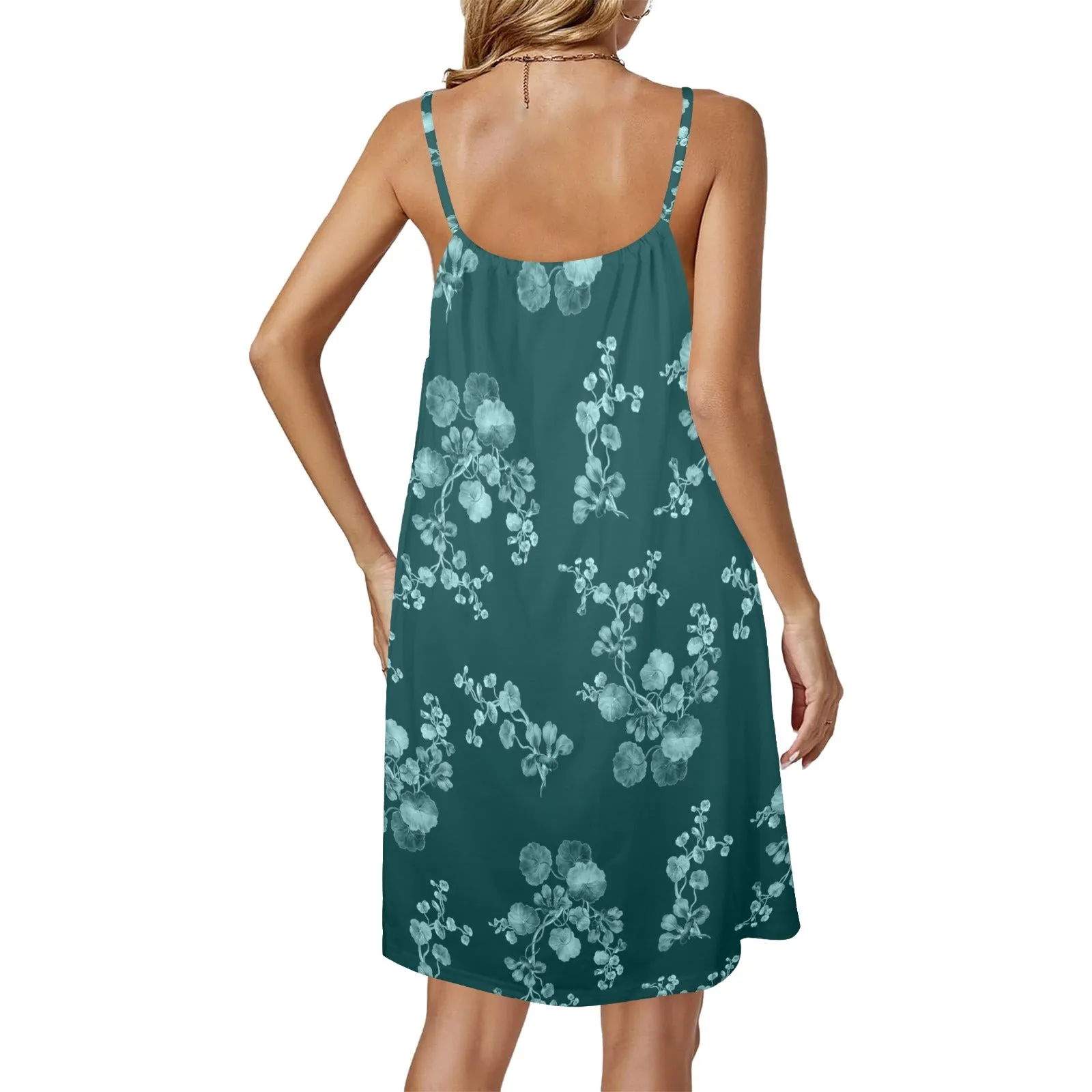 green mono floral print Drawstring Neck Sleeveless Dress (Model D68)