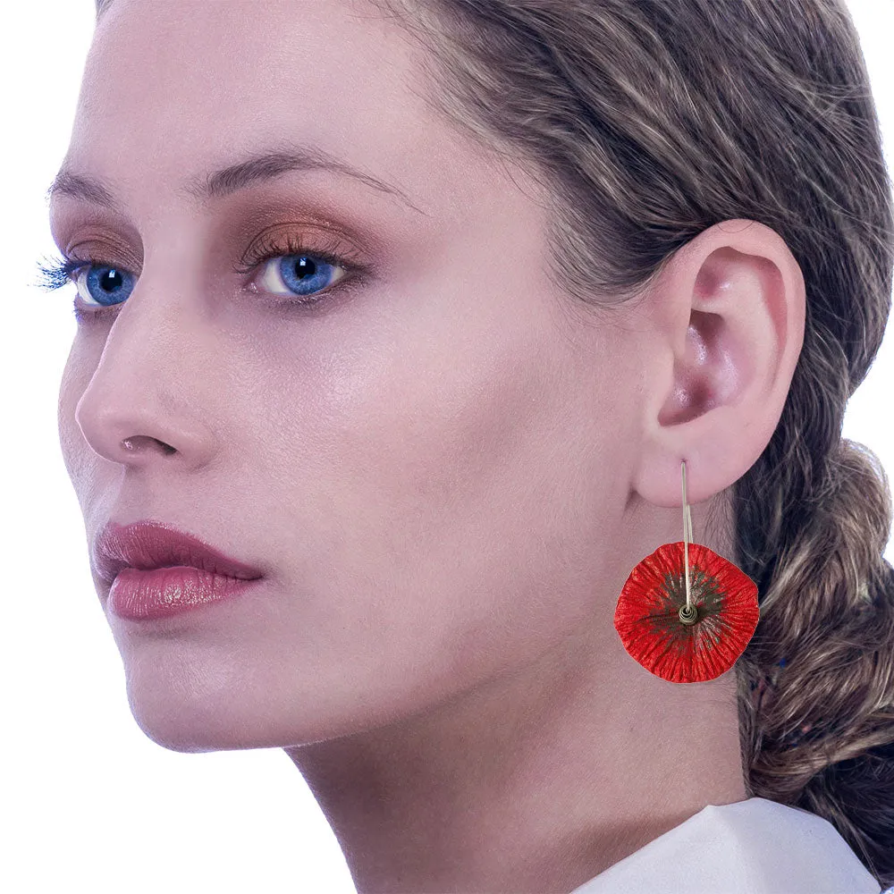 Handmade Flower Earrings Made From Papier-Mâché Red Dark Silver