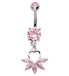 Heart Flower Dangle Pink CZ Stainless Steel Belly Button Ring