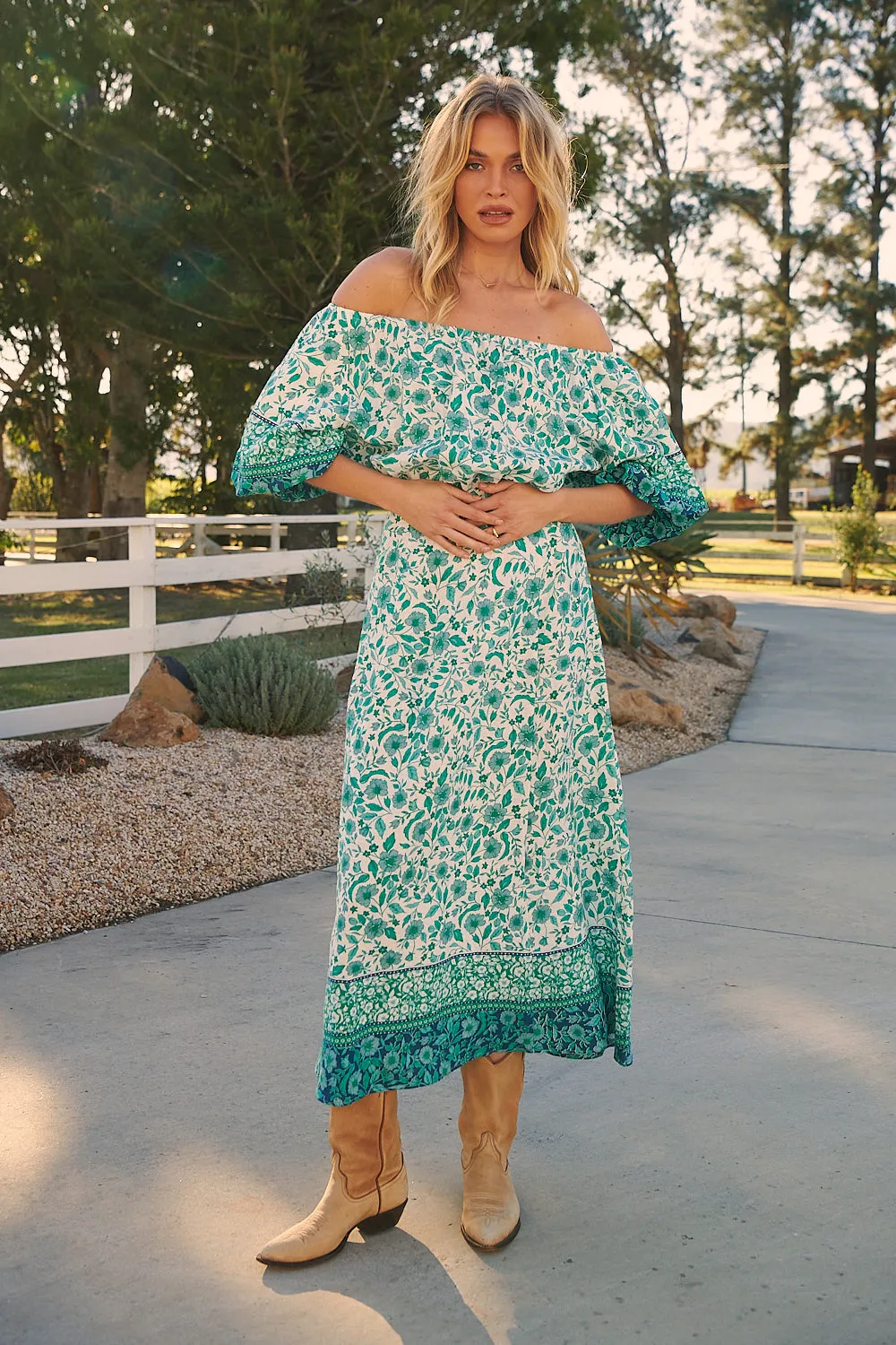 Henley Linen Maxi Dress - Emerald/White