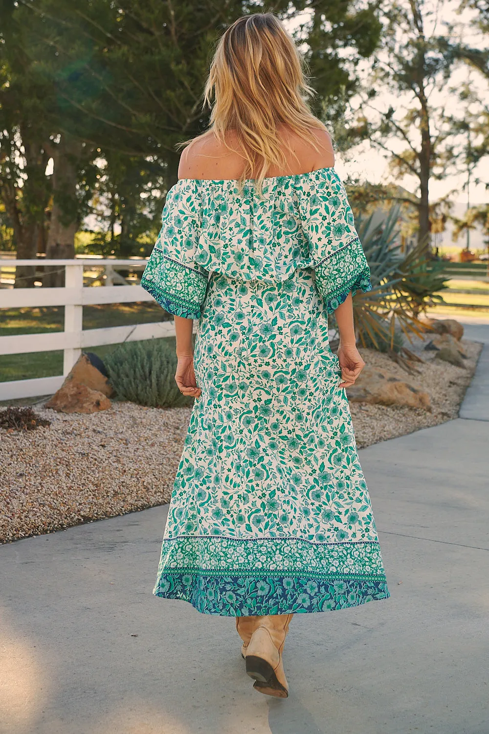 Henley Linen Maxi Dress - Emerald/White