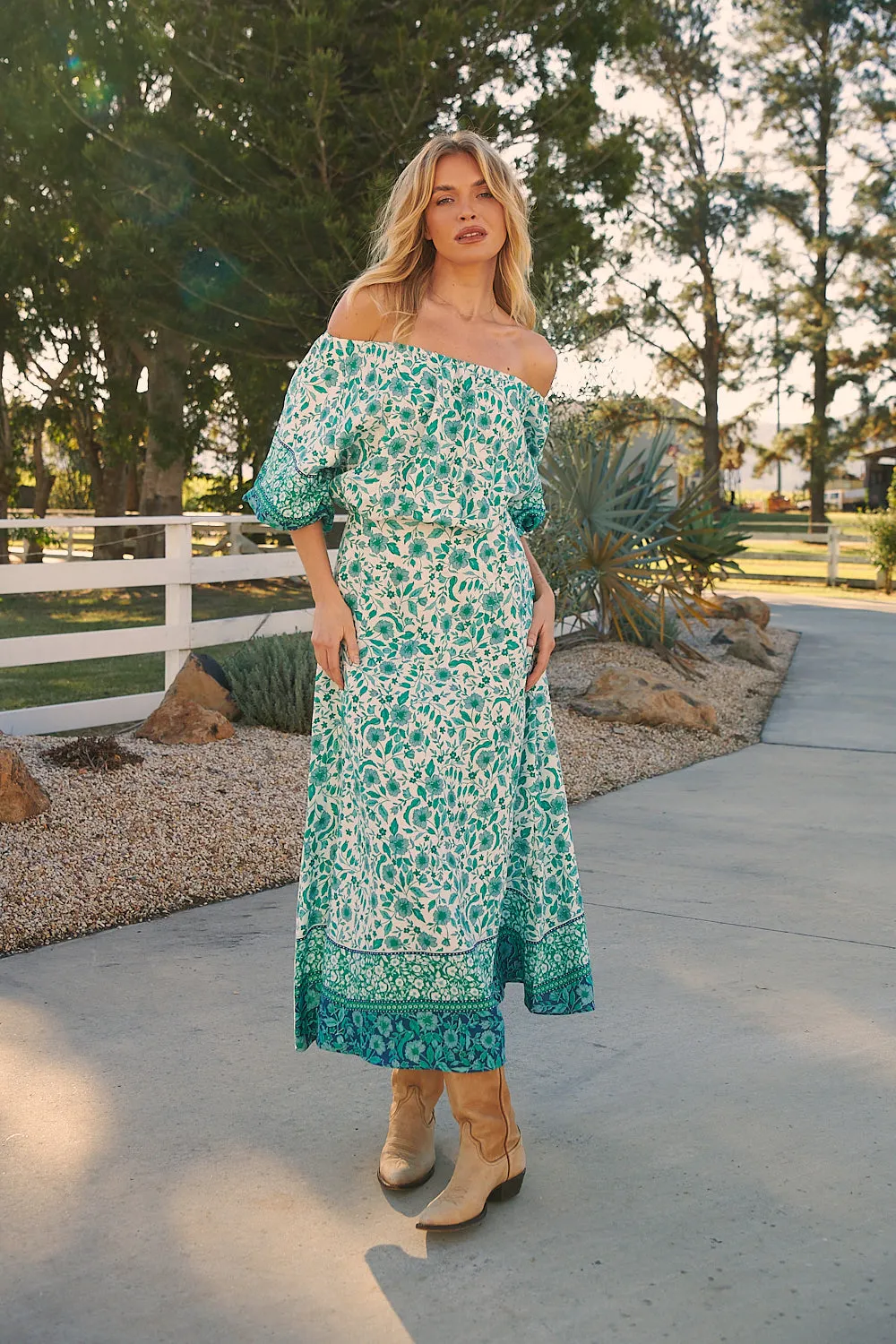 Henley Linen Maxi Dress - Emerald/White