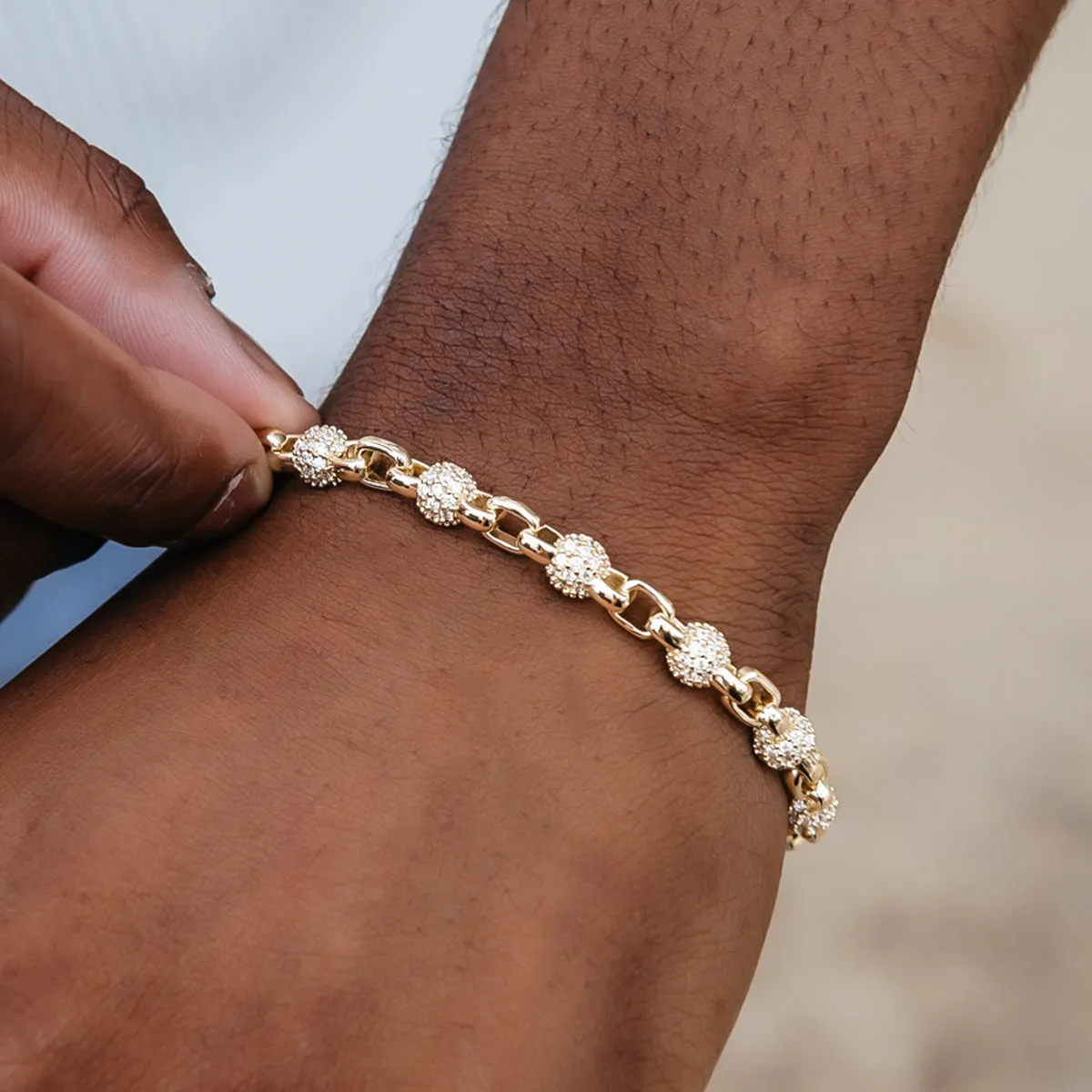 Iced Ball Box Link Bracelet in Yellow Gold