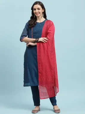 Indiessence Blue Solid Kurta Trouser Dupatta