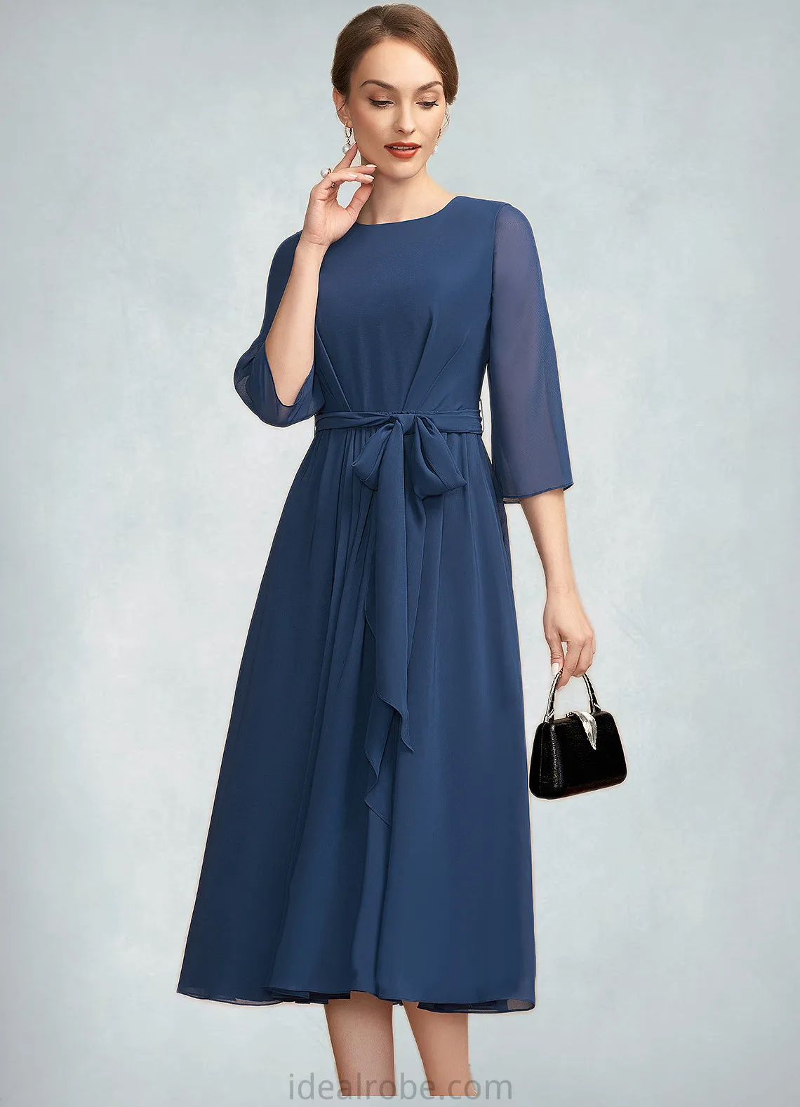 Kayley A-Line Scoop Neck Tea-Length Chiffon Mother of the Bride Dress With Ruffle Bow(s) STK126P0014954