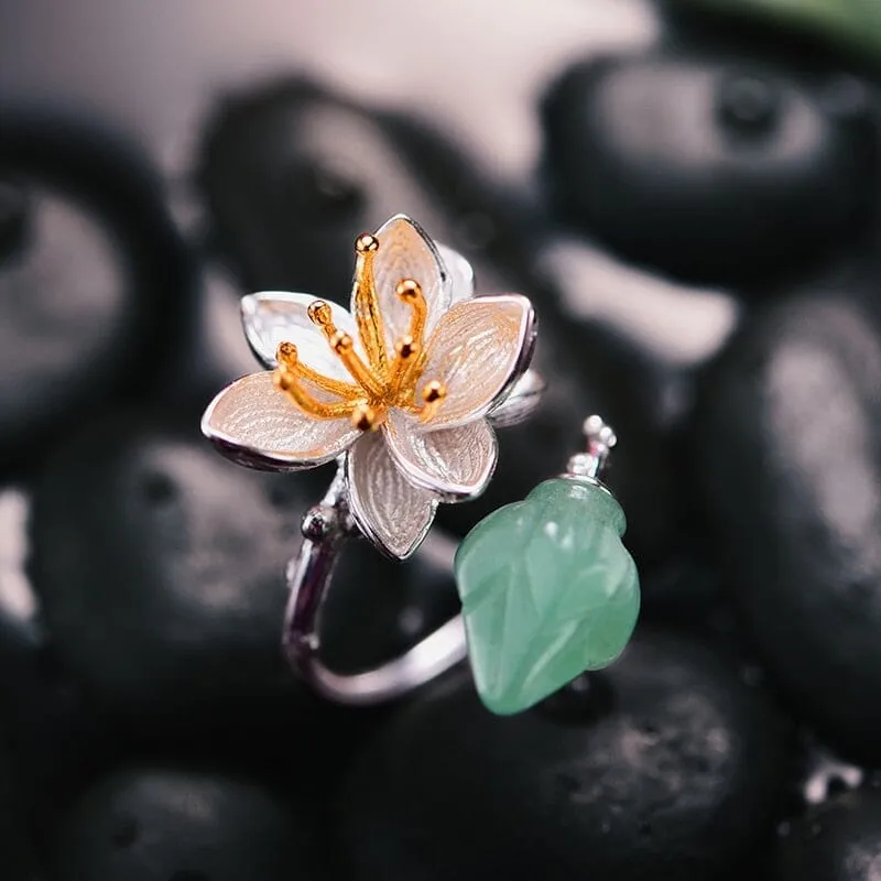 Lotus Real 925 Sterling Silver Aventurine Gemstones Flower Ring