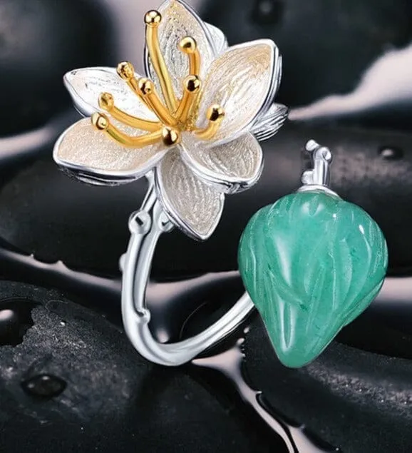 Lotus Real 925 Sterling Silver Aventurine Gemstones Flower Ring