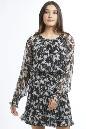 Love Wins Black Sketch Print LS Shirred Waist Dress