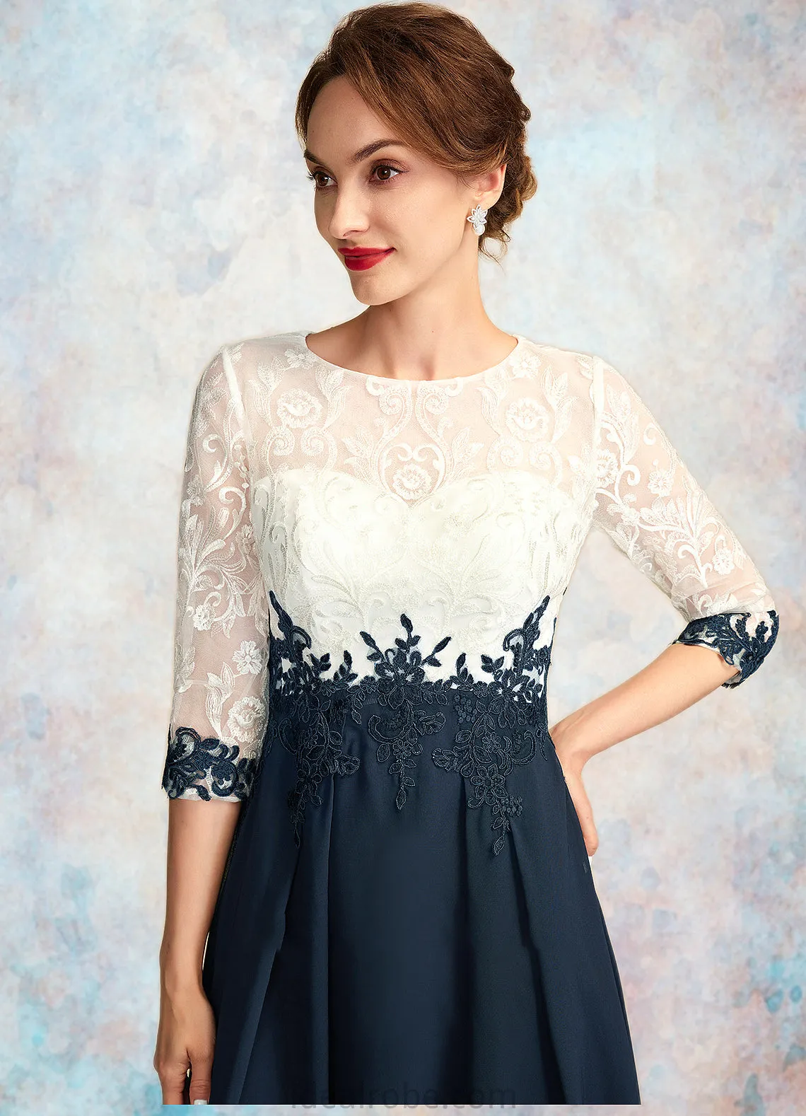 Madeline A-Line Scoop Neck Tea-Length Chiffon Lace Mother of the Bride Dress STK126P0015002