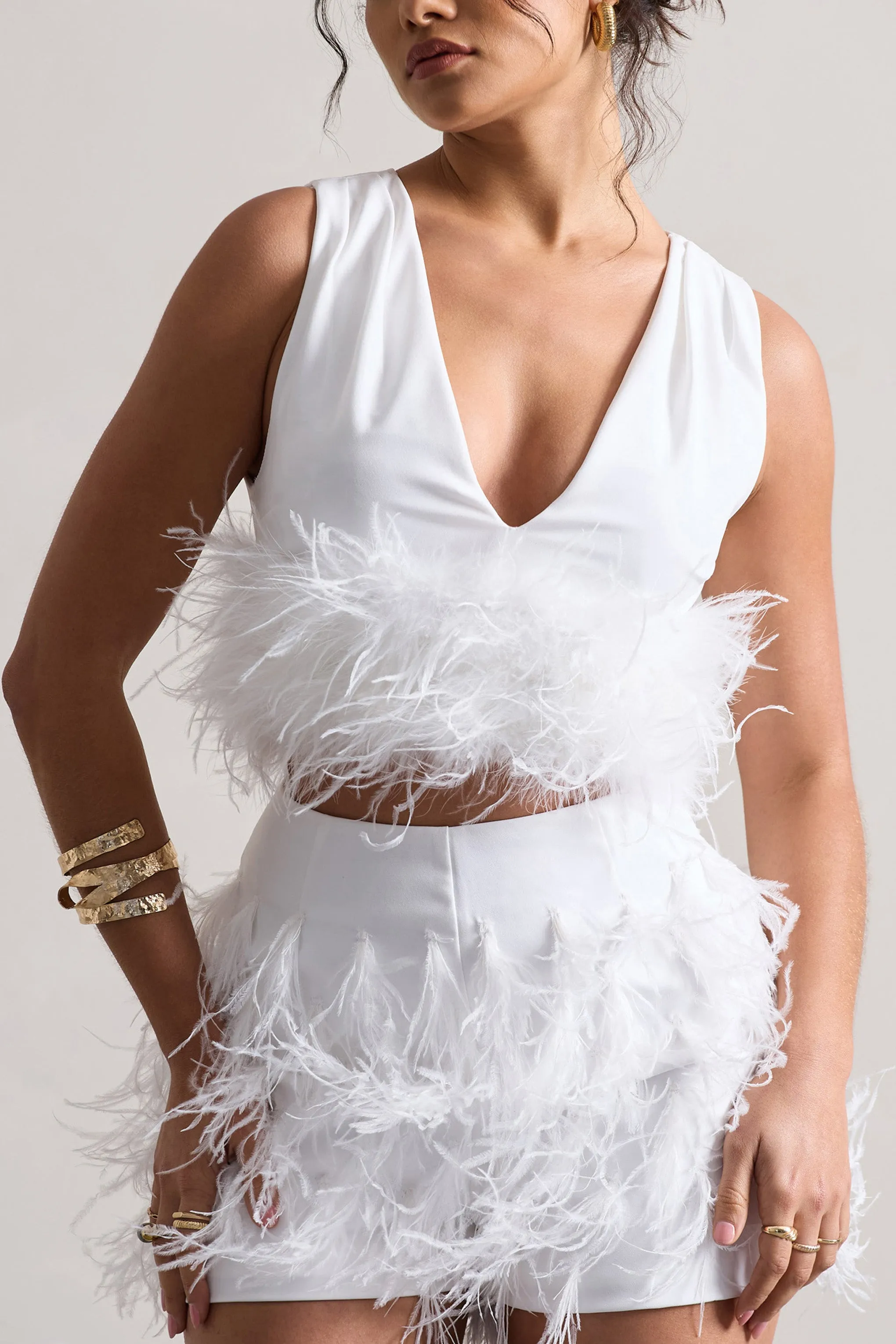 Main Stage | White Plunge-Neck Crop Top With Feather Trim